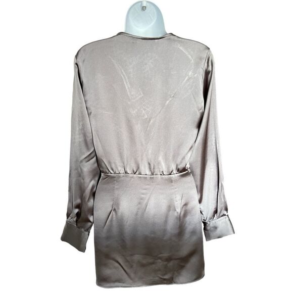 ZARA Charcoal Gray Satin V-Neck Longs Sleeve Wrap Mini Dress In Size XS - Picture 6 of 6